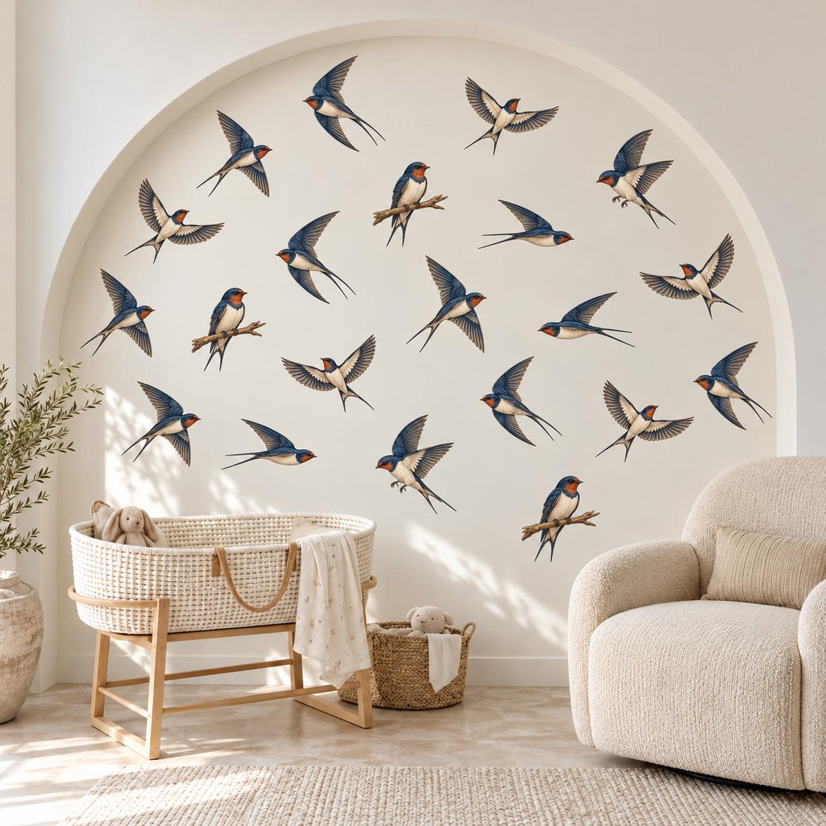 Swallow Wall Stickers, Bird Nursery Decor, Vintage Swallow Wall Decals, Woodland Kids Room Navy Rust Bird Peel and Stick Wall Art
