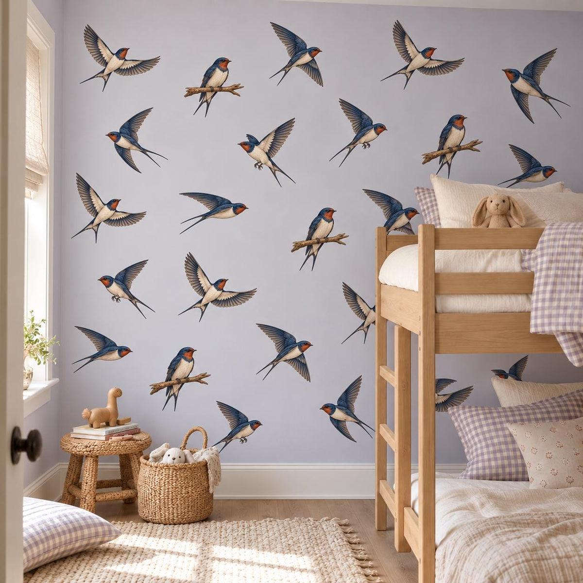 Swallow Wall Stickers, Bird Nursery Decor, Vintage Swallow Wall Decals, Woodland Kids Room Navy Rust Bird Peel and Stick Wall Art