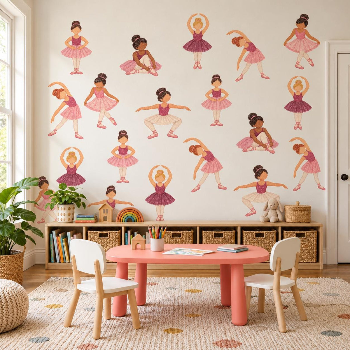 Ballerina Wall Stickers, Ballet Nursery Decor, Dancer Wall Decals, Girls Bedroom Pink Tutu Diverse Ballerina Peel and Stick Wall Art
