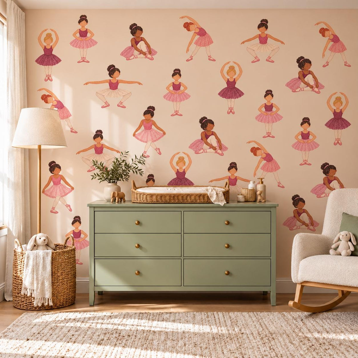 Ballerina Wall Stickers, Ballet Nursery Decor, Dancer Wall Decals, Girls Bedroom Pink Tutu Diverse Ballerina Peel and Stick Wall Art