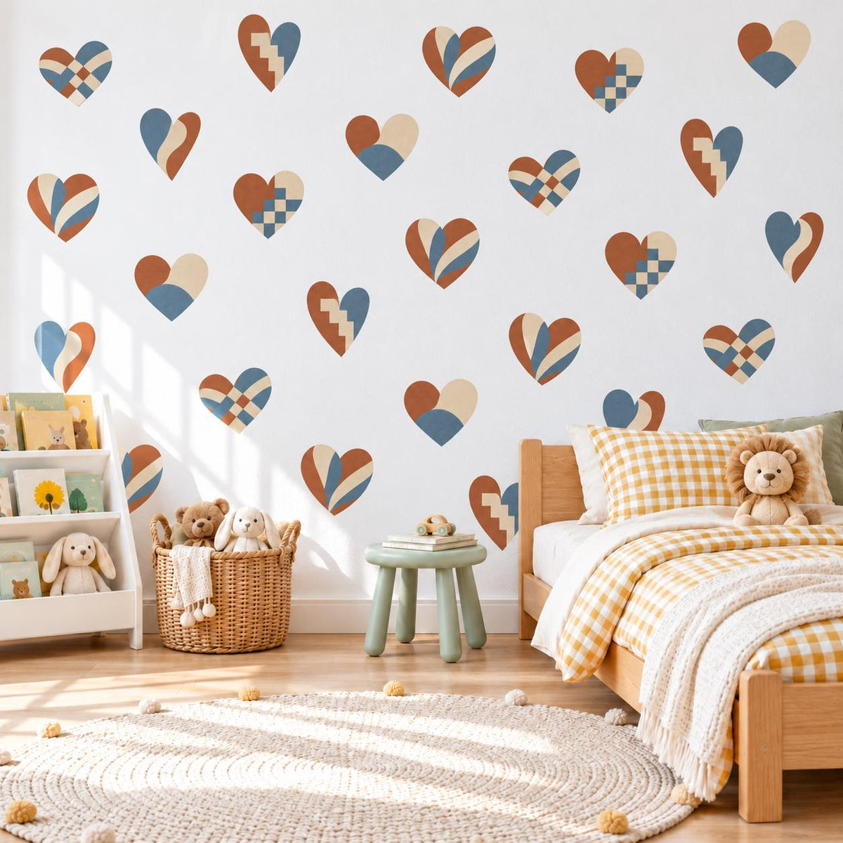 Heart Wall Stickers, Boho Heart Nursery Decor, Woven Folk Heart Wall Decals, Kids Room Dusty Blue Rust Peel and Stick Wall Art
