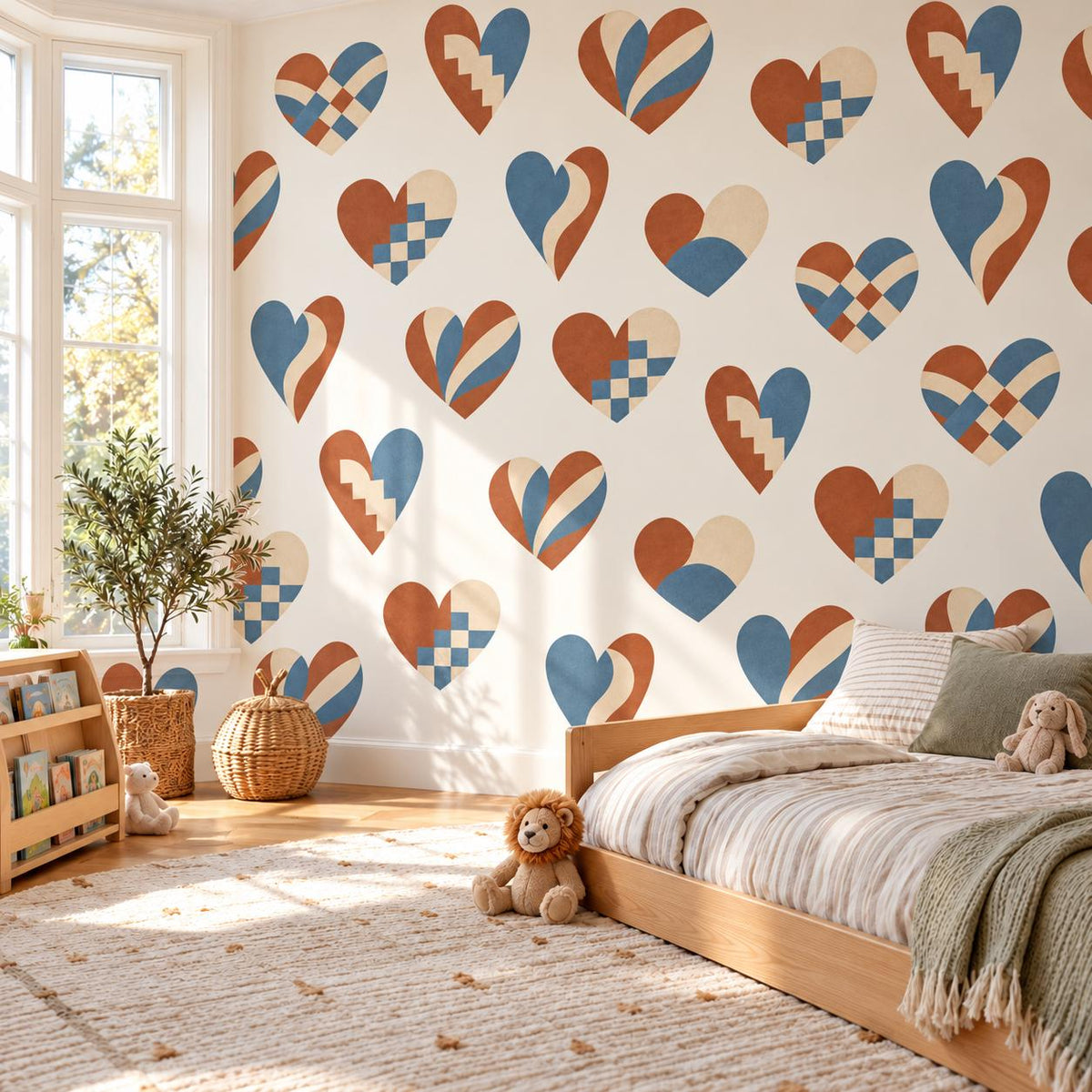 Heart Wall Stickers, Boho Heart Nursery Decor, Woven Folk Heart Wall Decals, Kids Room Dusty Blue Rust Peel and Stick Wall Art