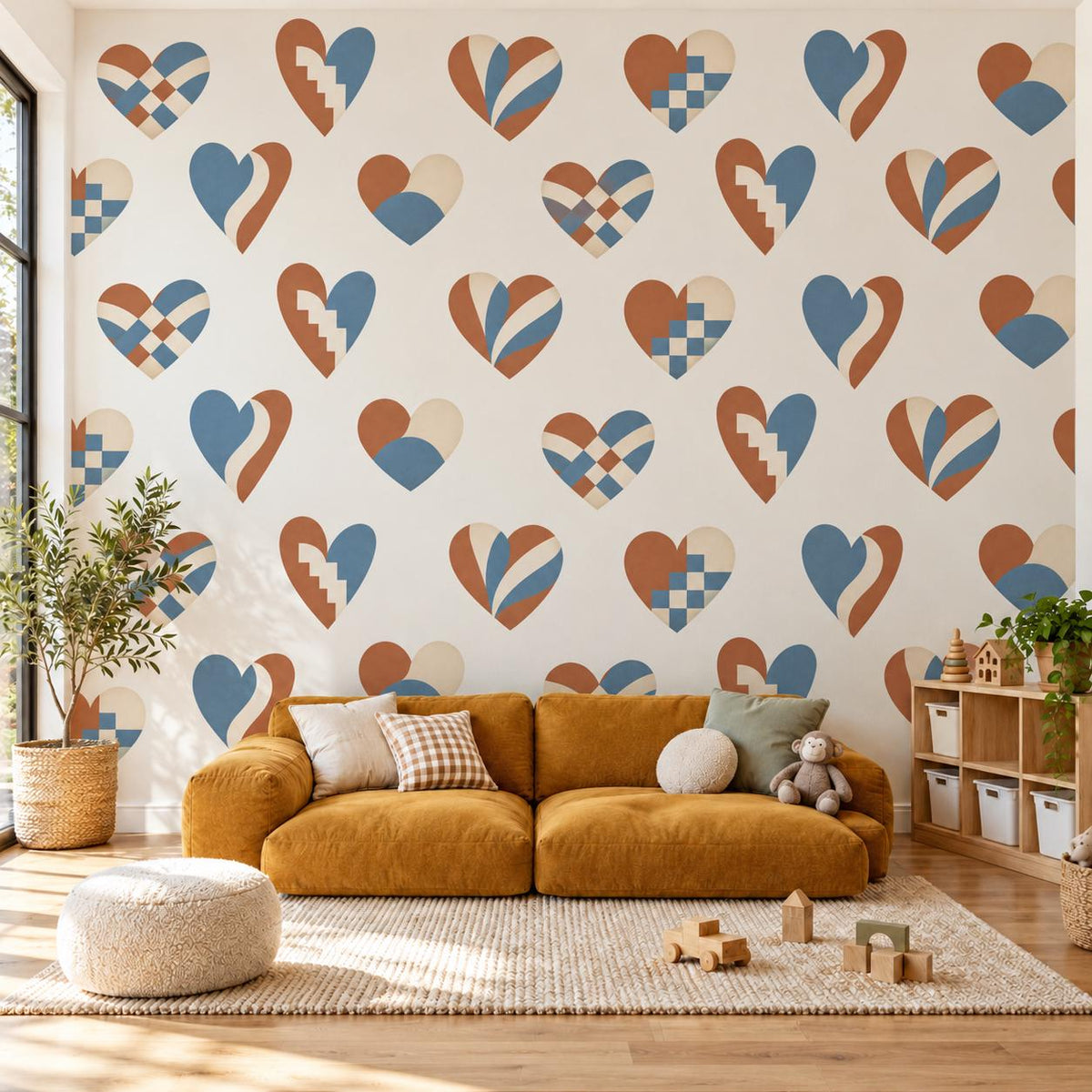 Heart Wall Stickers, Boho Heart Nursery Decor, Woven Folk Heart Wall Decals, Kids Room Dusty Blue Rust Peel and Stick Wall Art