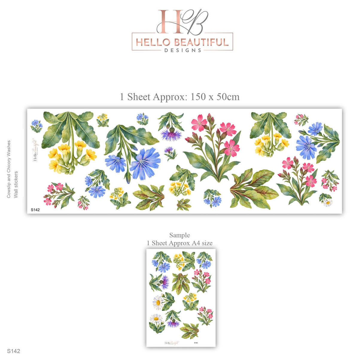 Wildflower Wall Stickers, Floral Nursery Decor, Cowslip Cornflower Wall Decals, Girls Kids Room Watercolour Flower Peel and Stick Wall Art