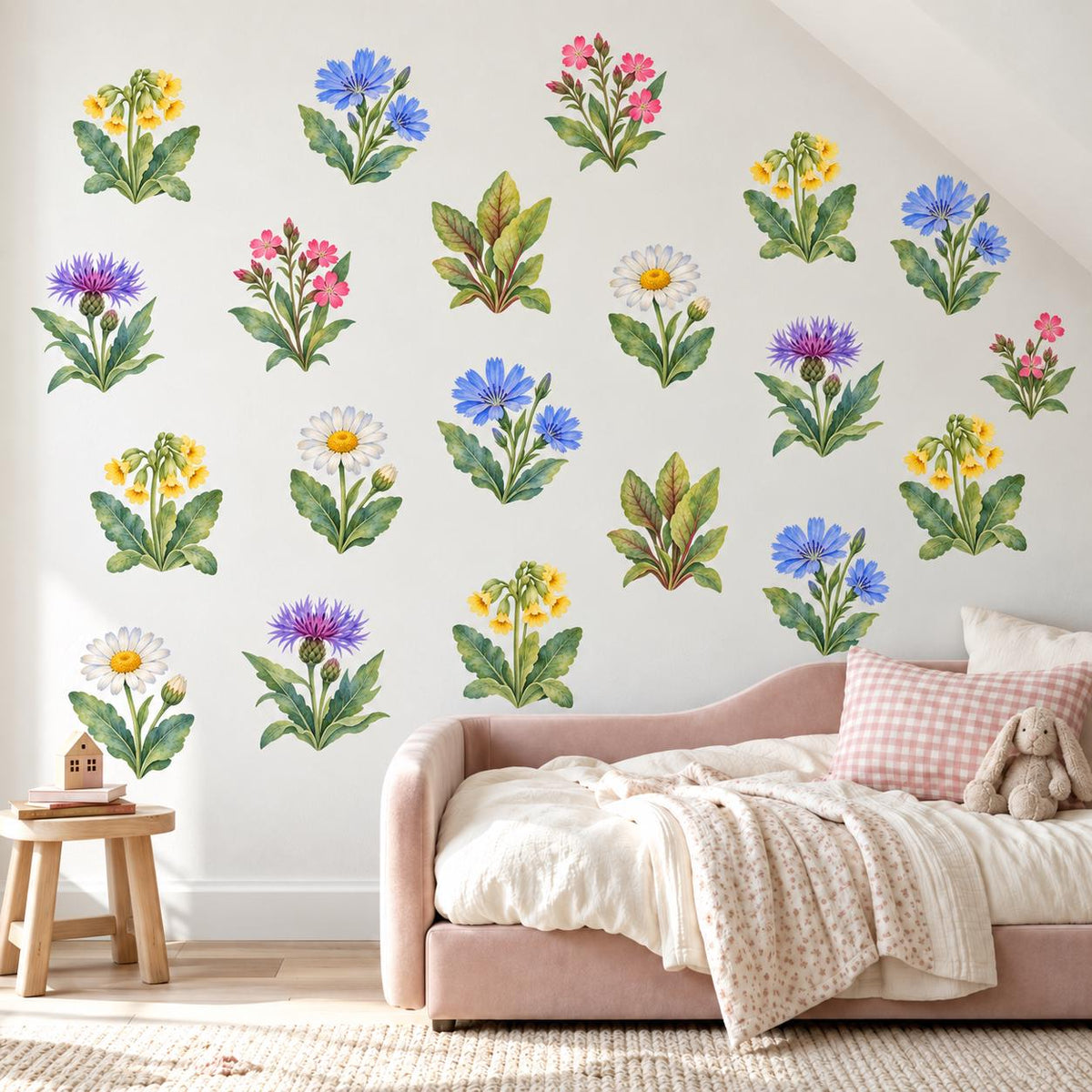 Wildflower Wall Stickers, Floral Nursery Decor, Cowslip Cornflower Wall Decals, Girls Kids Room Watercolour Flower Peel and Stick Wall Art
