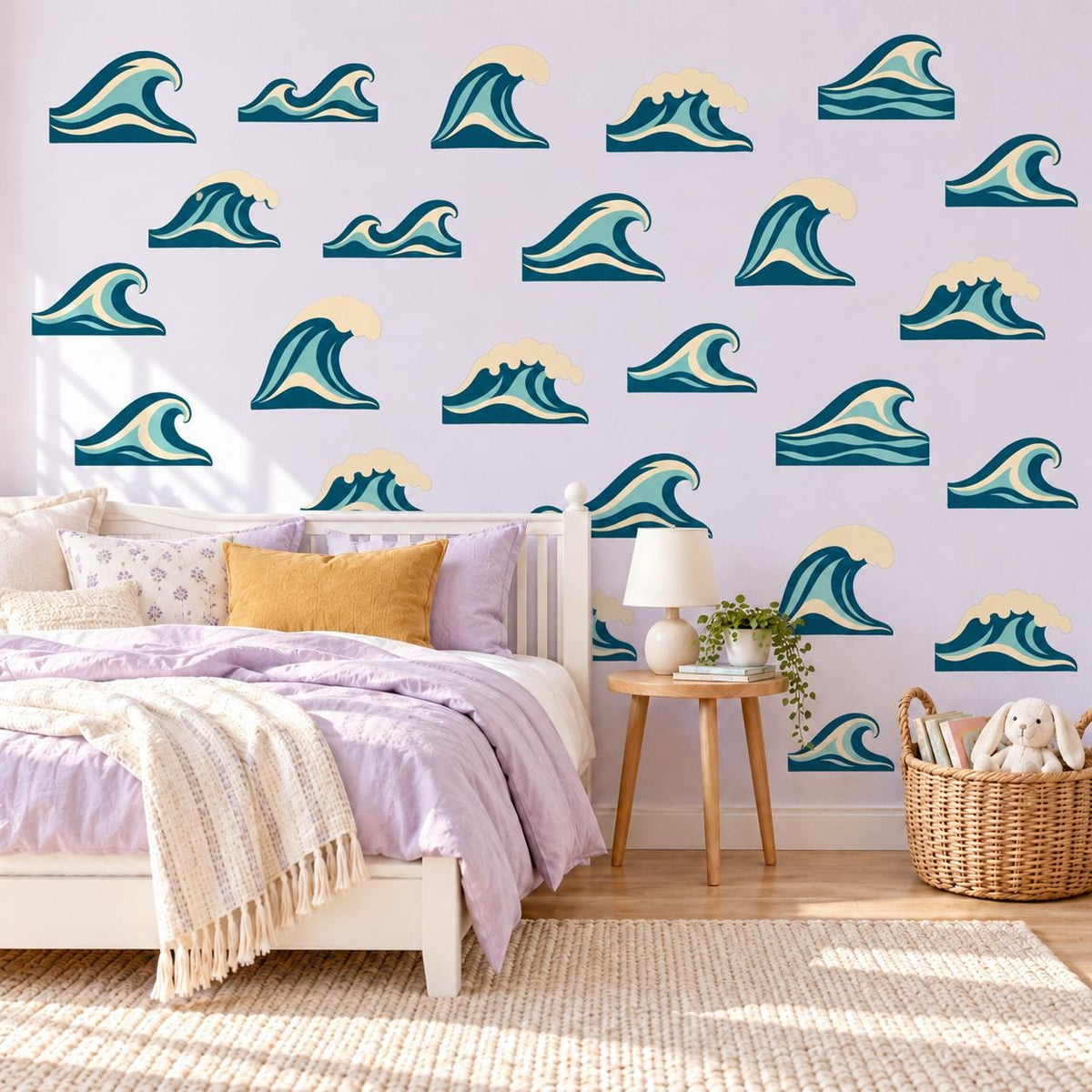 Ocean Wave Wall Stickers, Surf Nursery Decor, Retro Wave Wall Decals, Coastal Kids Room Teal Navy Peel and Stick Wall Art