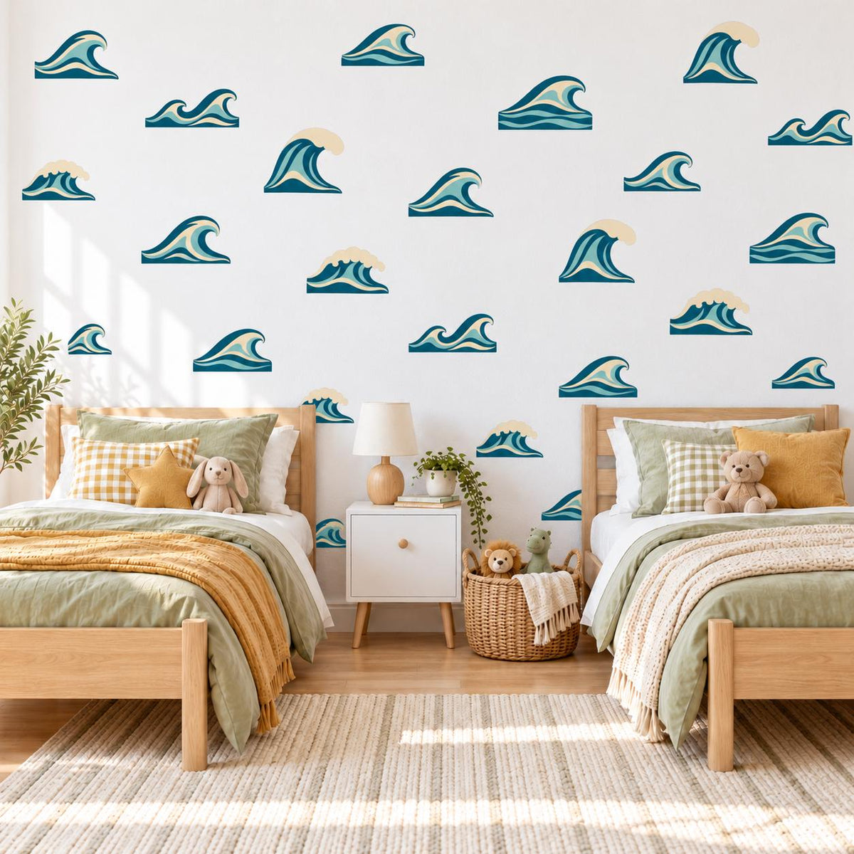Ocean Wave Wall Stickers, Surf Nursery Decor, Retro Wave Wall Decals, Coastal Kids Room Teal Navy Peel and Stick Wall Art