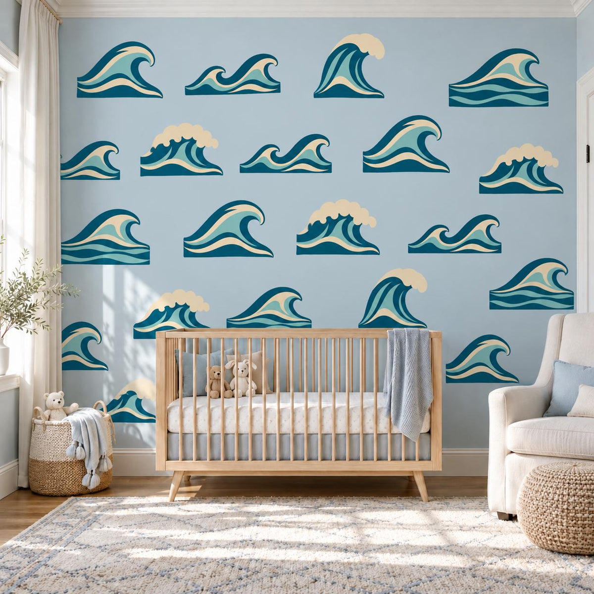 Ocean Wave Wall Stickers, Surf Nursery Decor, Retro Wave Wall Decals, Coastal Kids Room Teal Navy Peel and Stick Wall Art