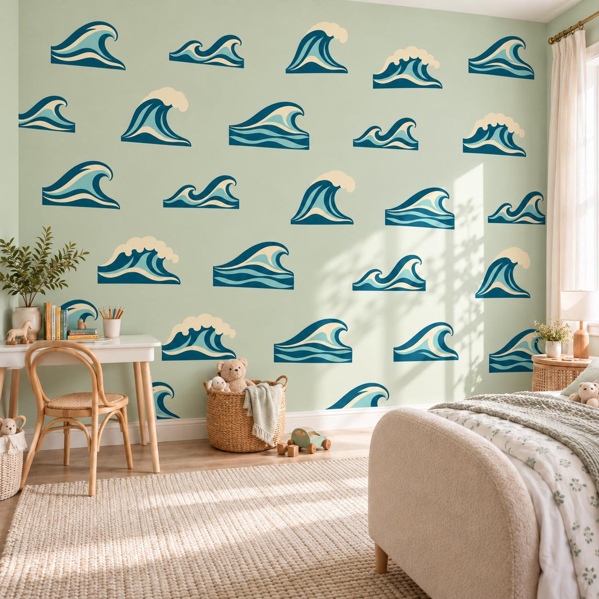 Ocean Wave Wall Stickers, Surf Nursery Decor, Retro Wave Wall Decals, Coastal Kids Room Teal Navy Peel and Stick Wall Art