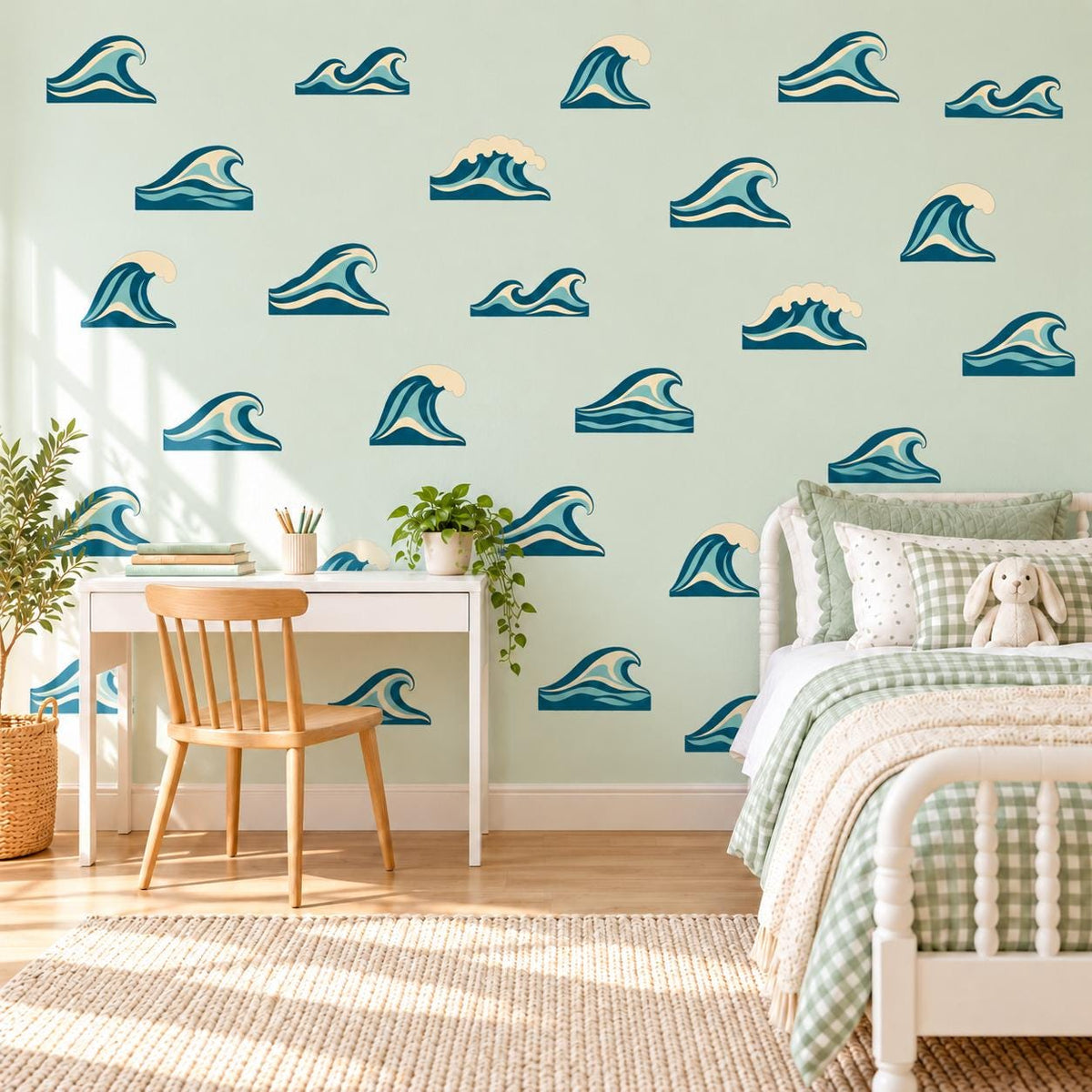 Ocean Wave Wall Stickers, Surf Nursery Decor, Retro Wave Wall Decals, Coastal Kids Room Teal Navy Peel and Stick Wall Art