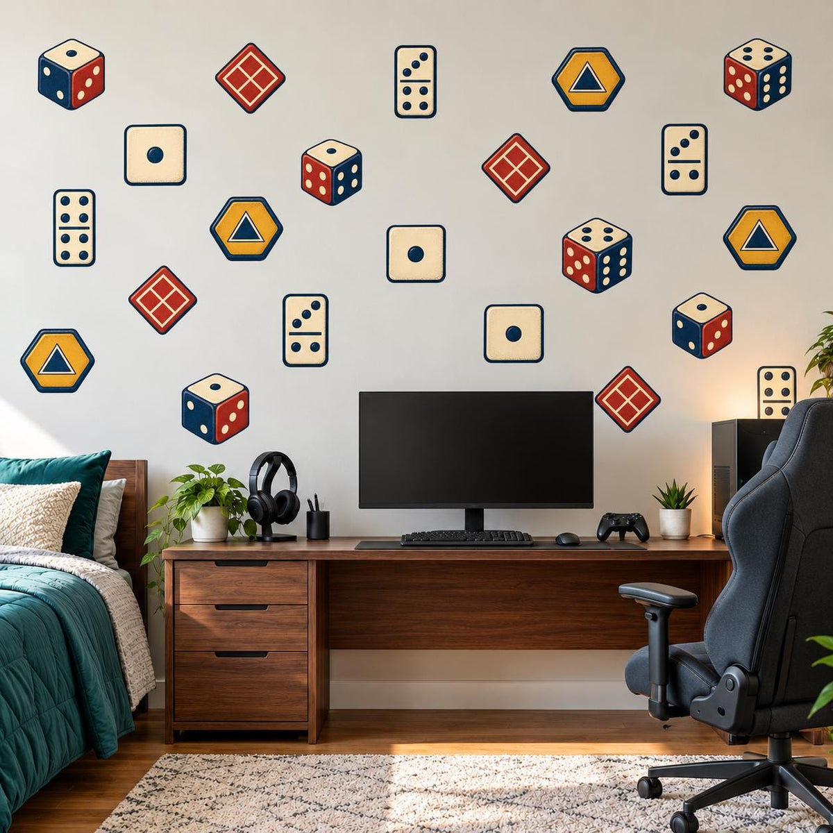 Dice Wall Stickers, Board Game Room Decor, Retro Dice Domino Wall Decals, Gamer Teen Kids Room Red Navy Mustard Peel and Stick Wall Art