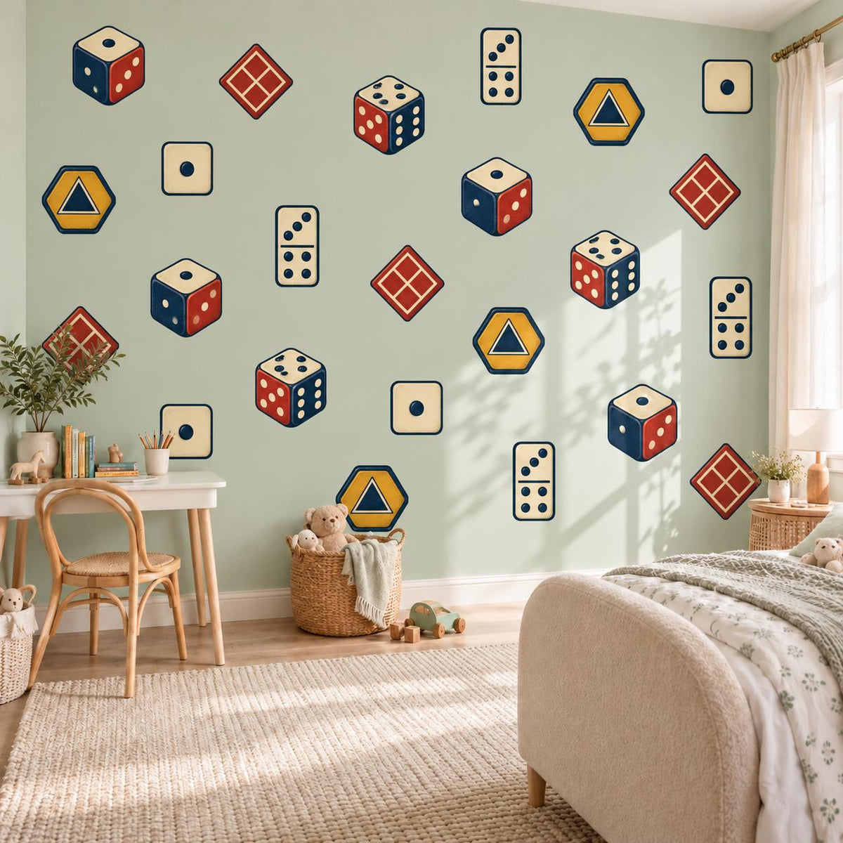 Dice Wall Stickers, Board Game Room Decor, Retro Dice Domino Wall Decals, Gamer Teen Kids Room Red Navy Mustard Peel and Stick Wall Art