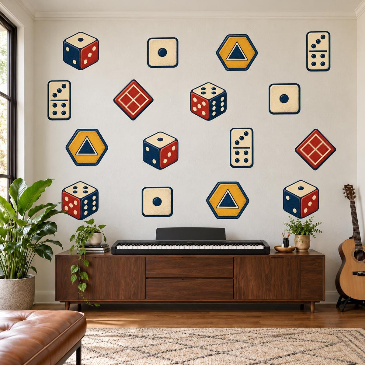 Dice Wall Stickers, Board Game Room Decor, Retro Dice Domino Wall Decals, Gamer Teen Kids Room Red Navy Mustard Peel and Stick Wall Art