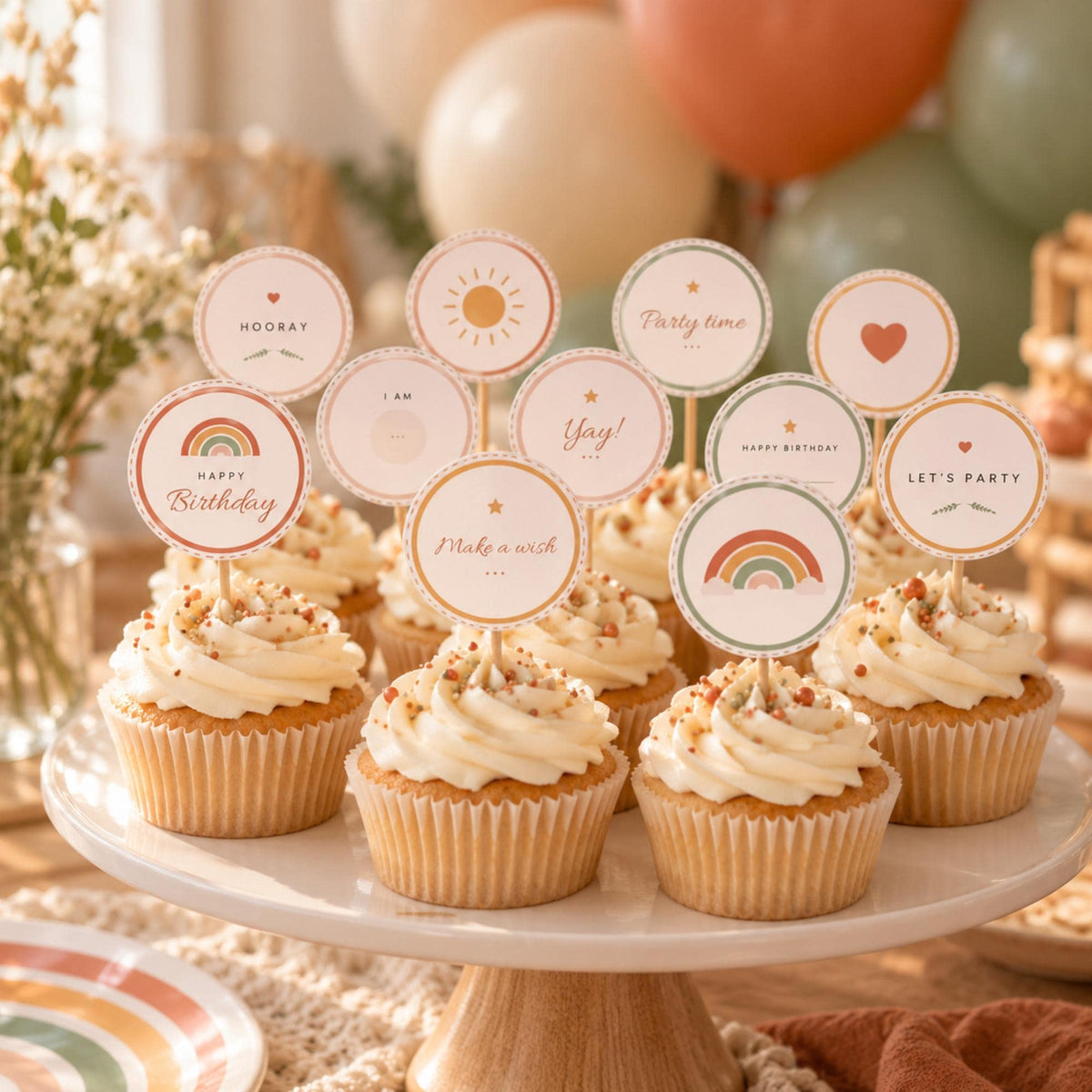 Boho Rainbow Birthday Party Printables, Happy Birthday Banner, Welcome Sign, Cupcake Toppers, Invitation, Neutral Party Decor