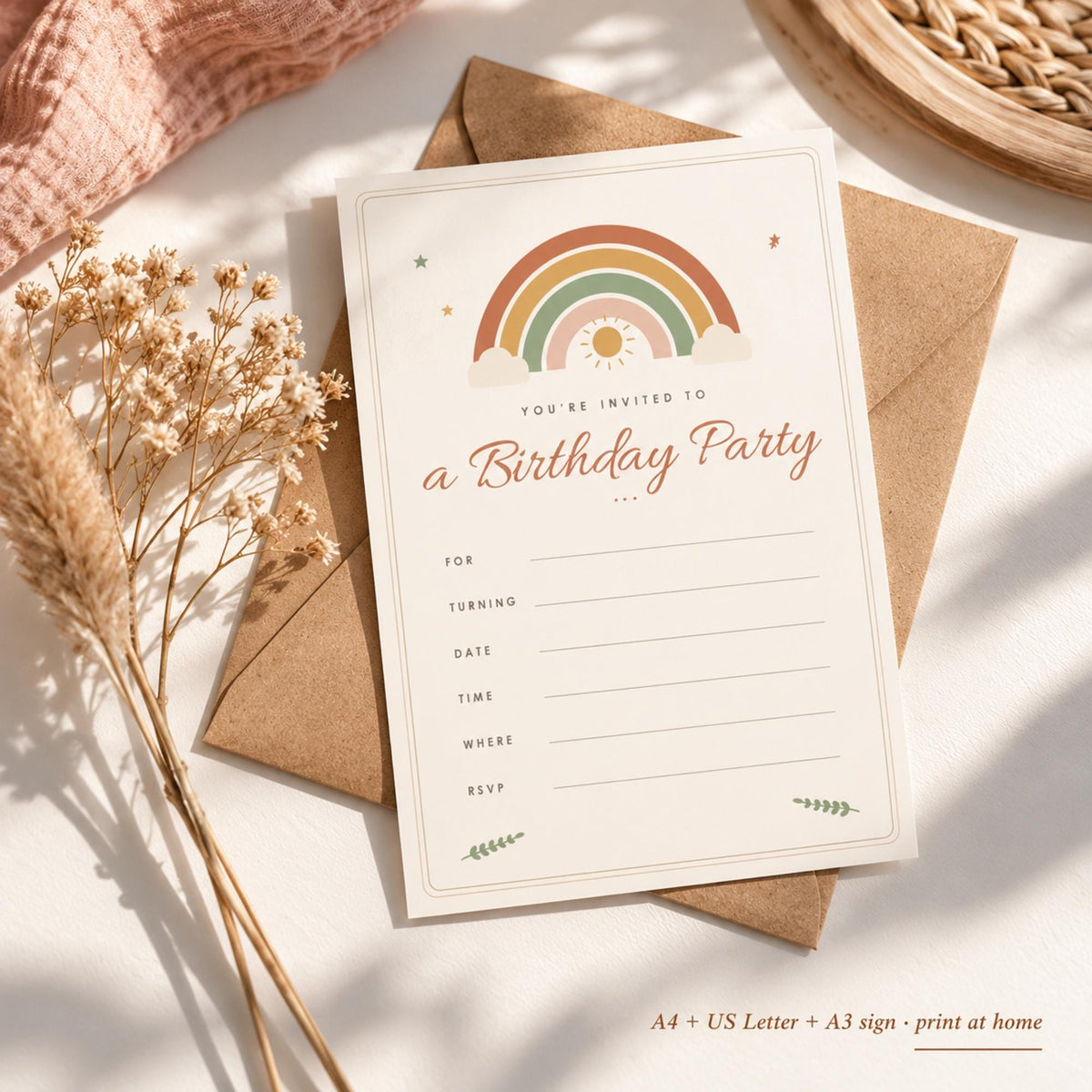 Boho Rainbow Birthday Party Printables, Happy Birthday Banner, Welcome Sign, Cupcake Toppers, Invitation, Neutral Party Decor
