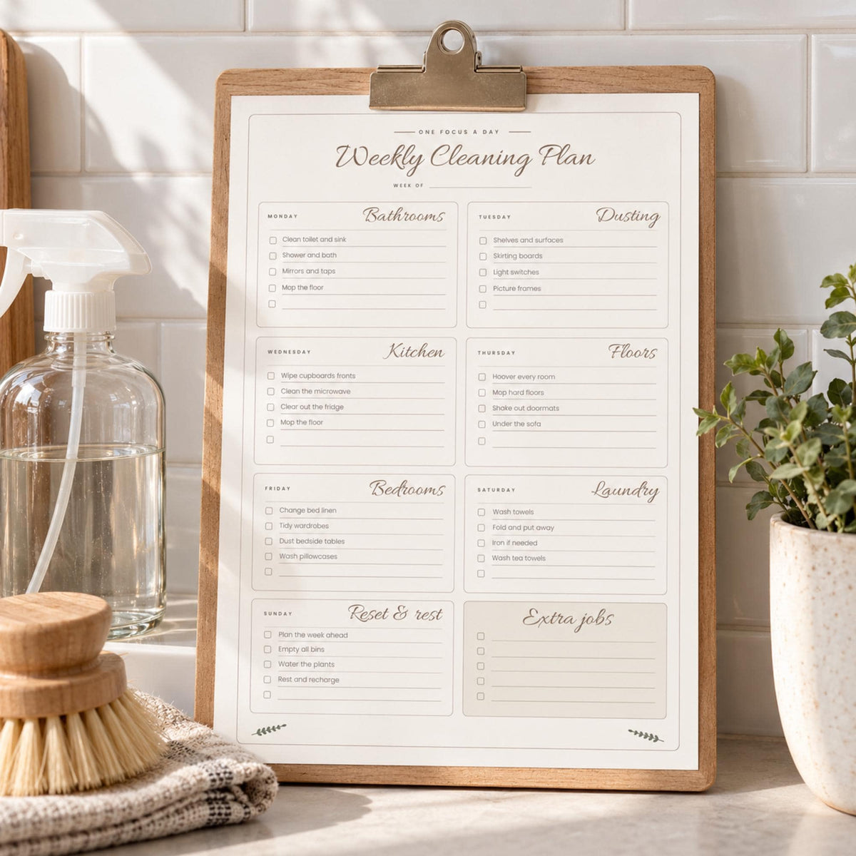 Cleaning Schedule Printable, Minimalist Weekly Cleaning Checklist, Daily Monthly Deep Clean, Family Chore Chart, A4 US Letter PDF