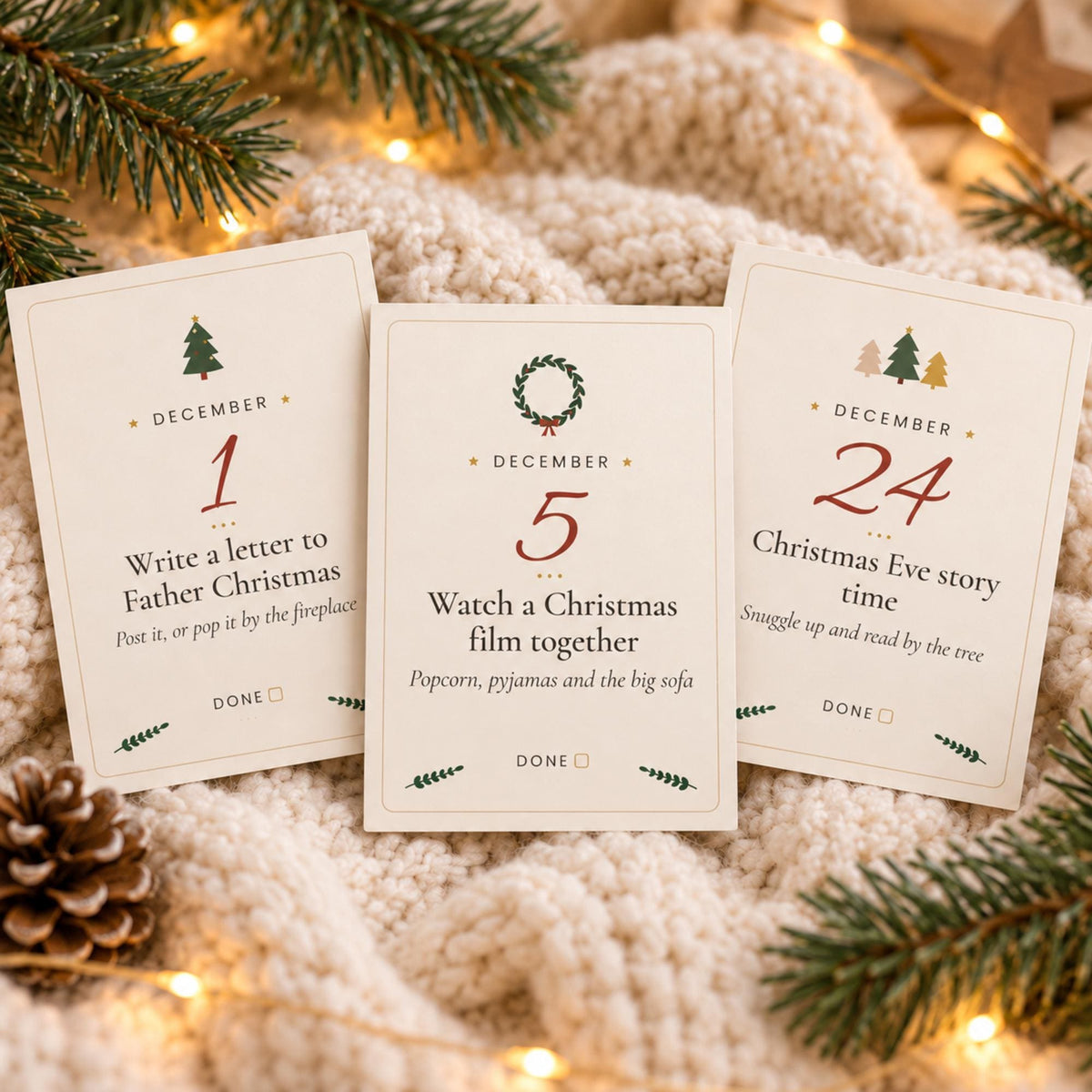 Christmas Advent Activity Cards Printable, Boho Family Advent Calendar, 24 Activity Ideas, Countdown Tracker, A4 Letter A6 PDF
