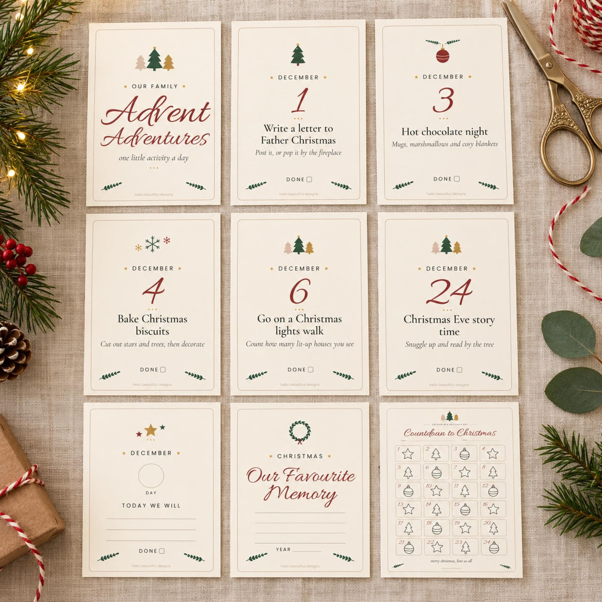 Christmas Advent Activity Cards Printable, Boho Family Advent Calendar, 24 Activity Ideas, Countdown Tracker, A4 Letter A6 PDF