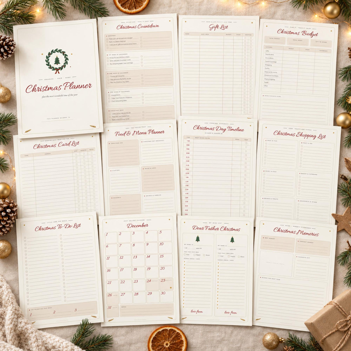 Christmas Planner Printable, Boho Holiday Organiser, Gift List, Budget, Menu & Cooking Timeline, Card List, Kids Wish List, A4 Letter
