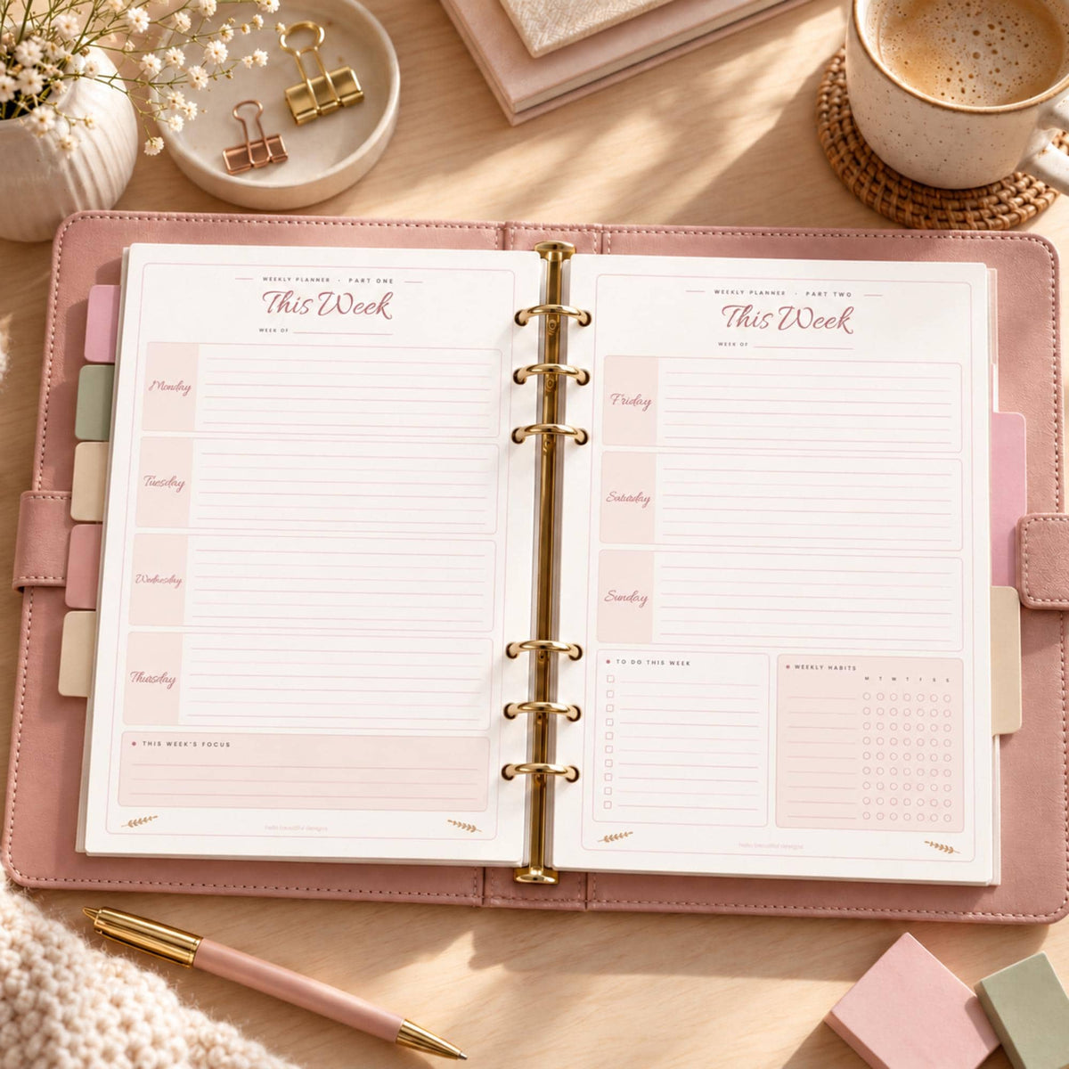 Undated Daily Planner Printable, Boho Weekly Planner, Monthly Overview, Habit Tracker, Goal Planner, Blush A4 A5 US Letter PDF