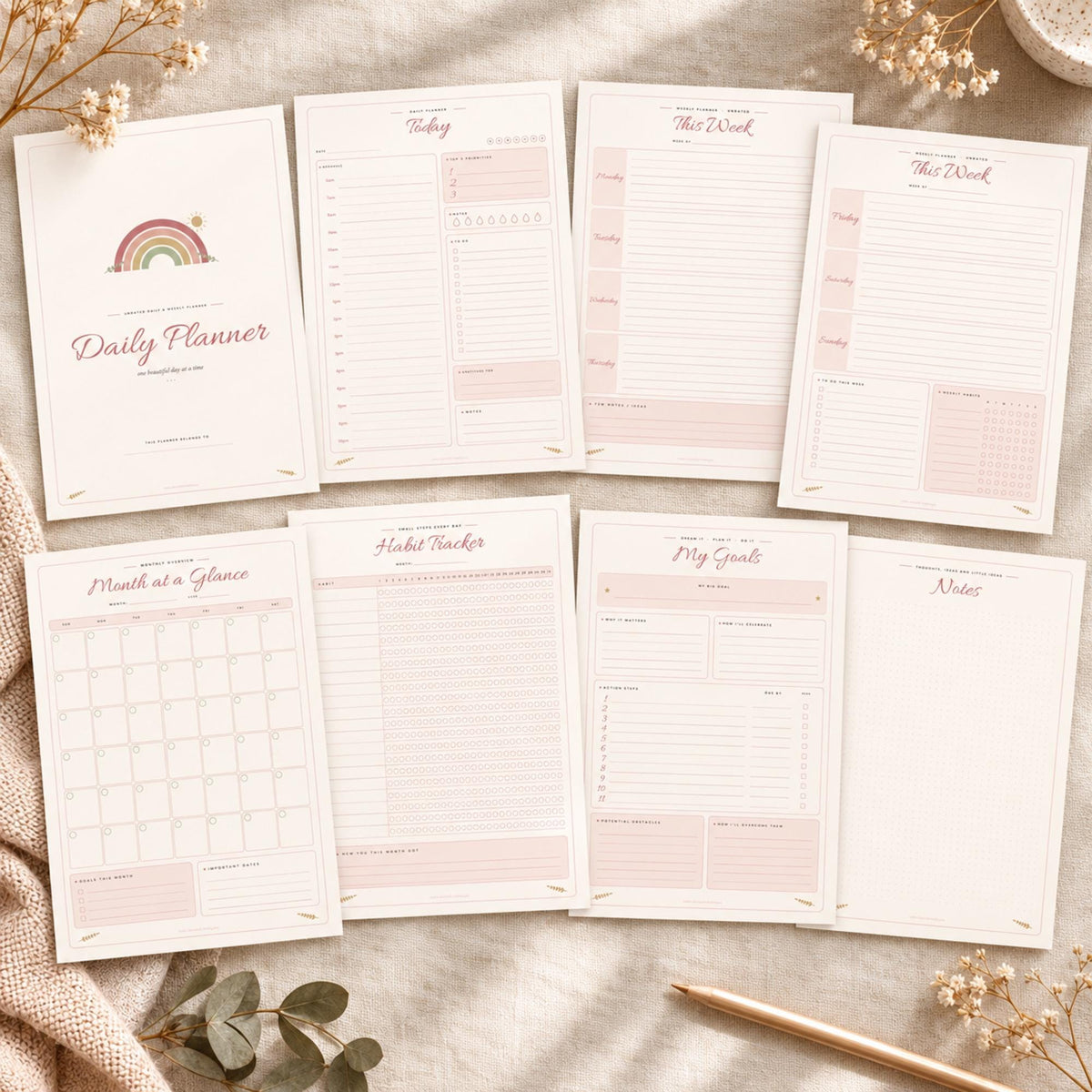Undated Daily Planner Printable, Boho Weekly Planner, Monthly Overview, Habit Tracker, Goal Planner, Blush A4 A5 US Letter PDF