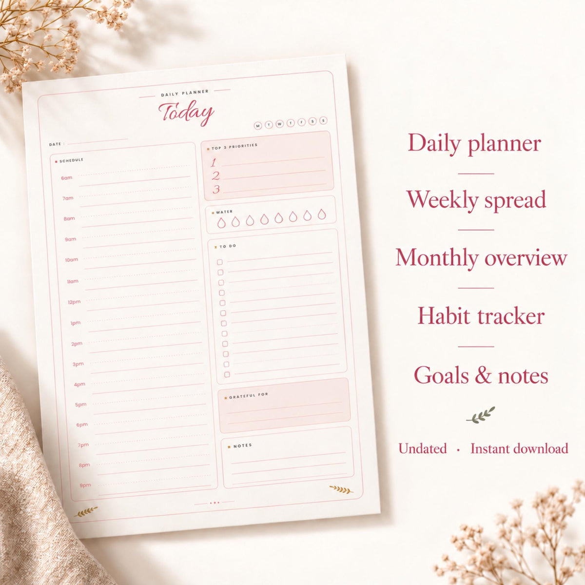 Undated Daily Planner Printable, Boho Weekly Planner, Monthly Overview, Habit Tracker, Goal Planner, Blush A4 A5 US Letter PDF