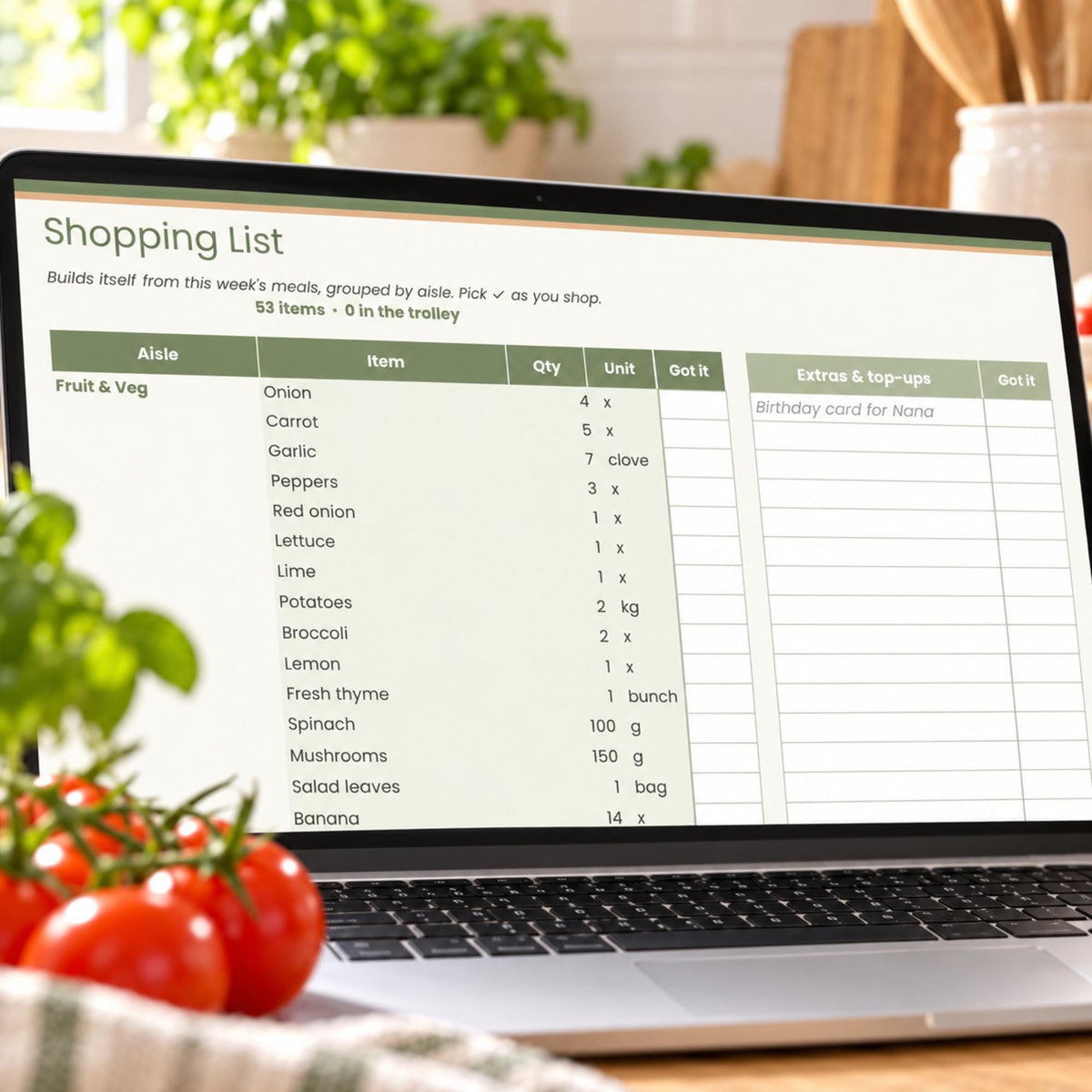 Meal Planner Spreadsheet with Auto Shopping List, Weekly Meal Plan Template for Google Sheets & Excel, Family Recipe Organiser, Grocery List