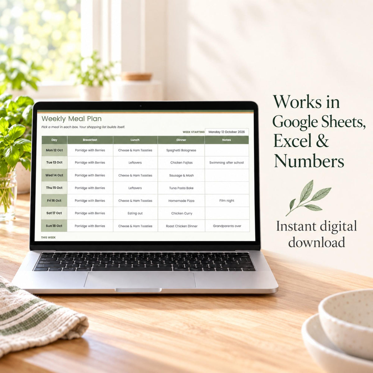 Meal Planner Spreadsheet with Auto Shopping List, Weekly Meal Plan Template for Google Sheets & Excel, Family Recipe Organiser, Grocery List
