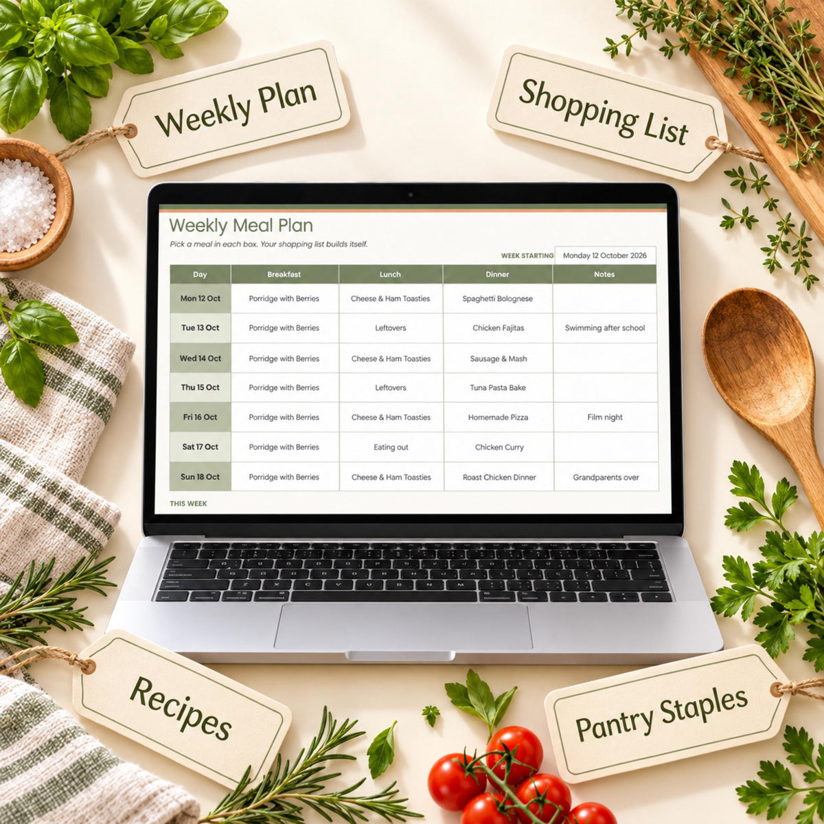 Meal Planner Spreadsheet with Auto Shopping List, Weekly Meal Plan Template for Google Sheets & Excel, Family Recipe Organiser, Grocery List