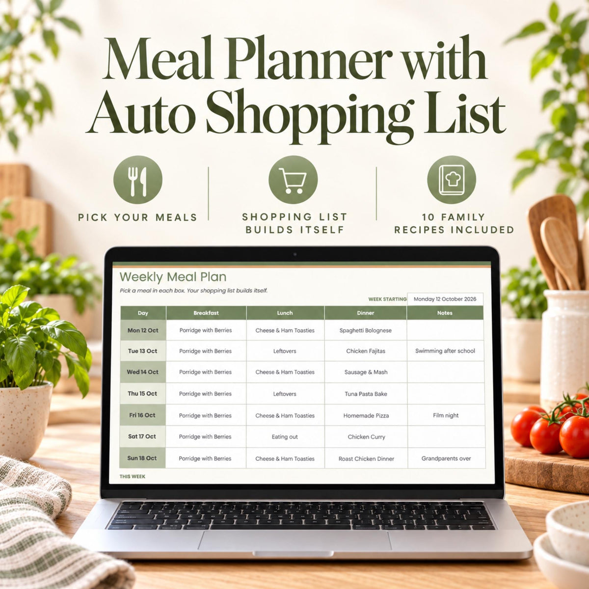 Meal Planner Spreadsheet with Auto Shopping List, Weekly Meal Plan Template for Google Sheets & Excel, Family Recipe Organiser, Grocery List