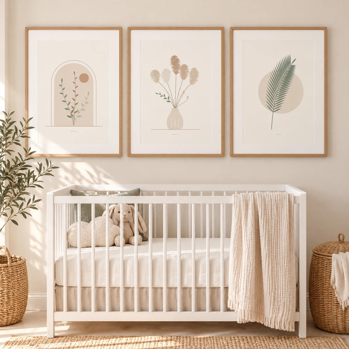 Boho Botanical Nursery Prints Set of 3, Pampas Grass Palm Leaf Arch Wall Art, Neutral Minimalist Printable Wall Art, Beige Nursery Decor