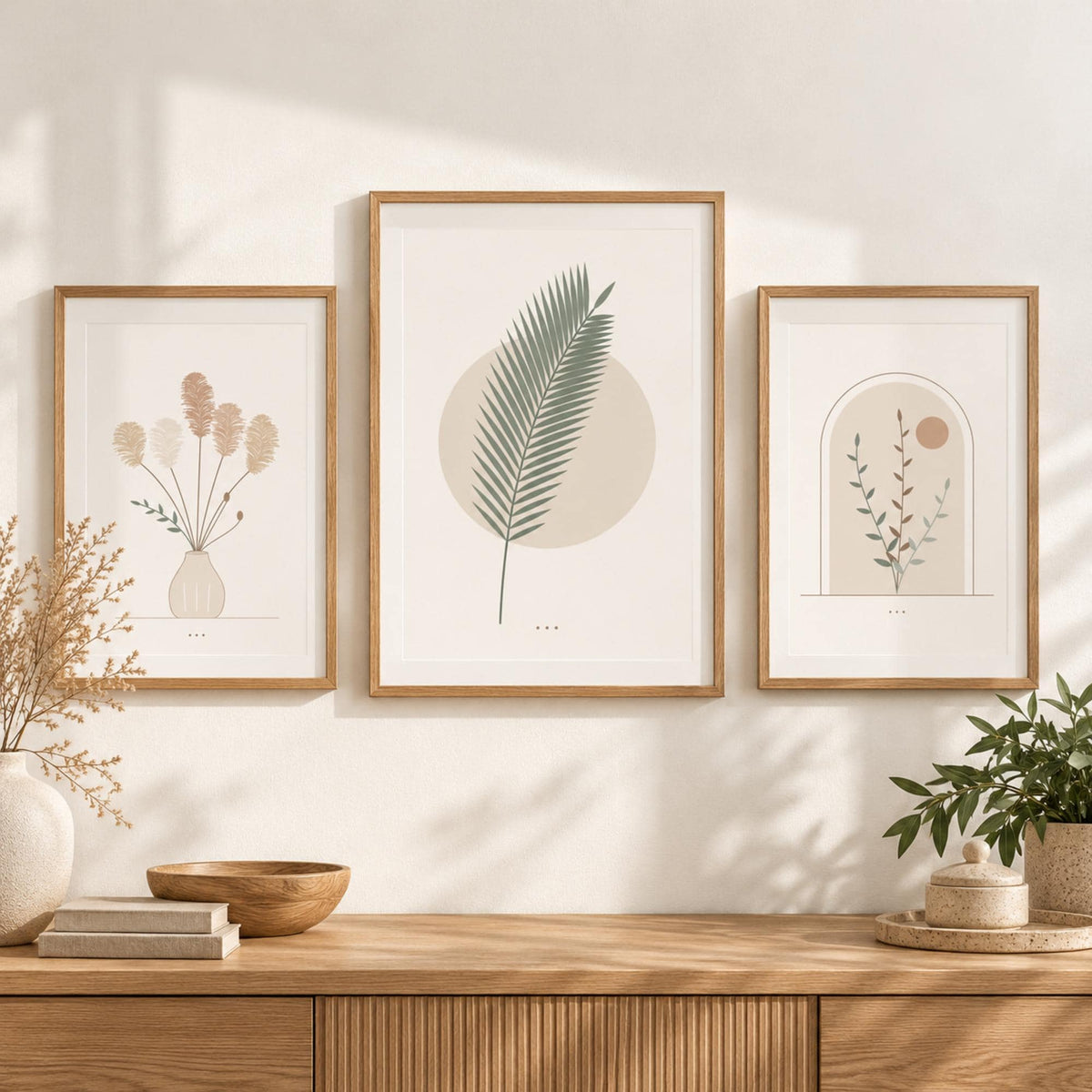 Boho Botanical Nursery Prints Set of 3, Pampas Grass Palm Leaf Arch Wall Art, Neutral Minimalist Printable Wall Art, Beige Nursery Decor