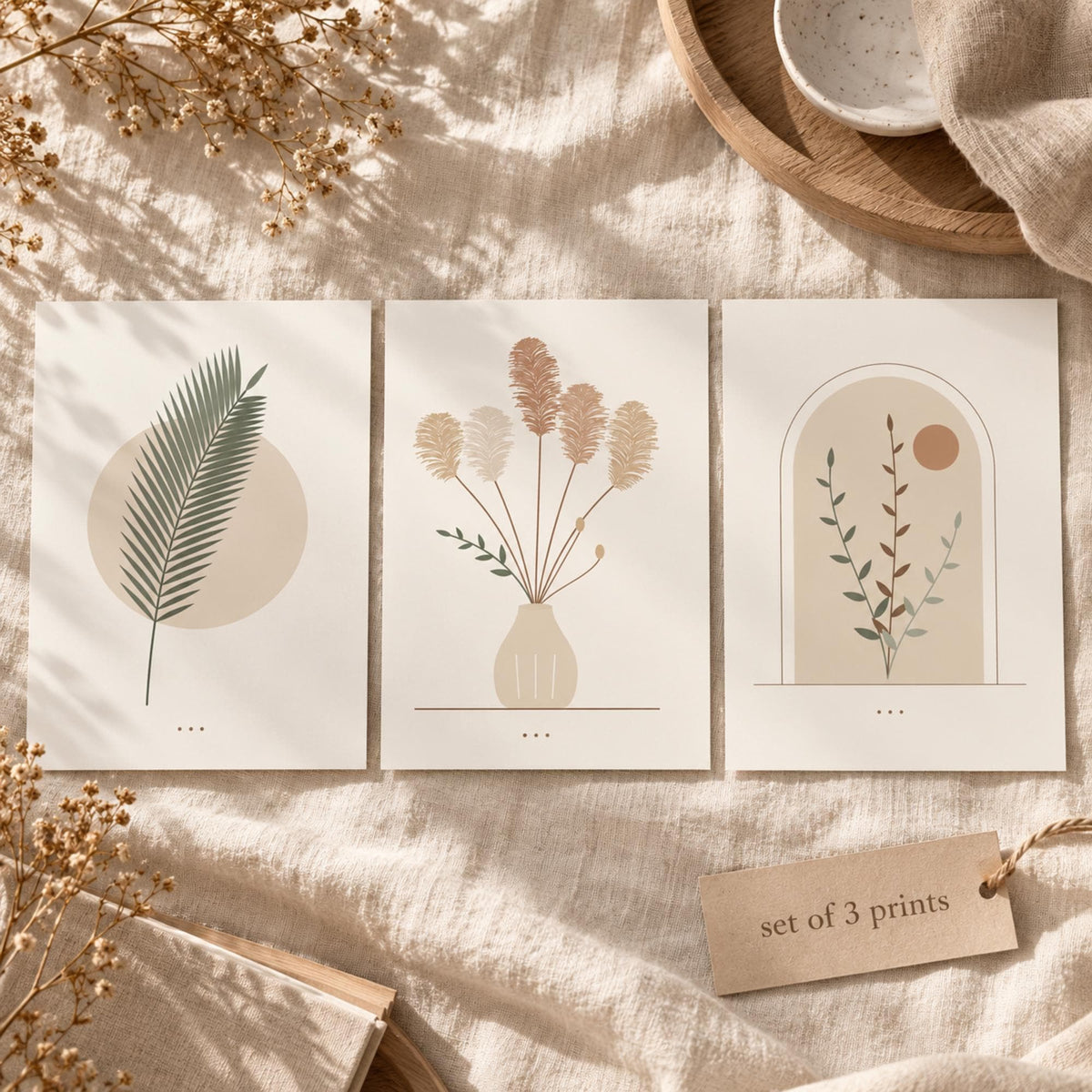 Boho Botanical Nursery Prints Set of 3, Pampas Grass Palm Leaf Arch Wall Art, Neutral Minimalist Printable Wall Art, Beige Nursery Decor
