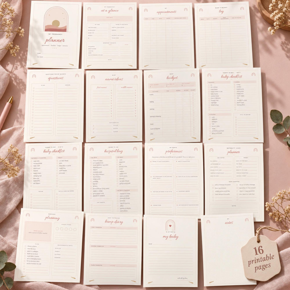 Pregnancy Planner Printable, Hospital Bag Checklist, Baby Budget, Birth Preferences, Baby Names, Blush Boho Pregnancy Journal PDF