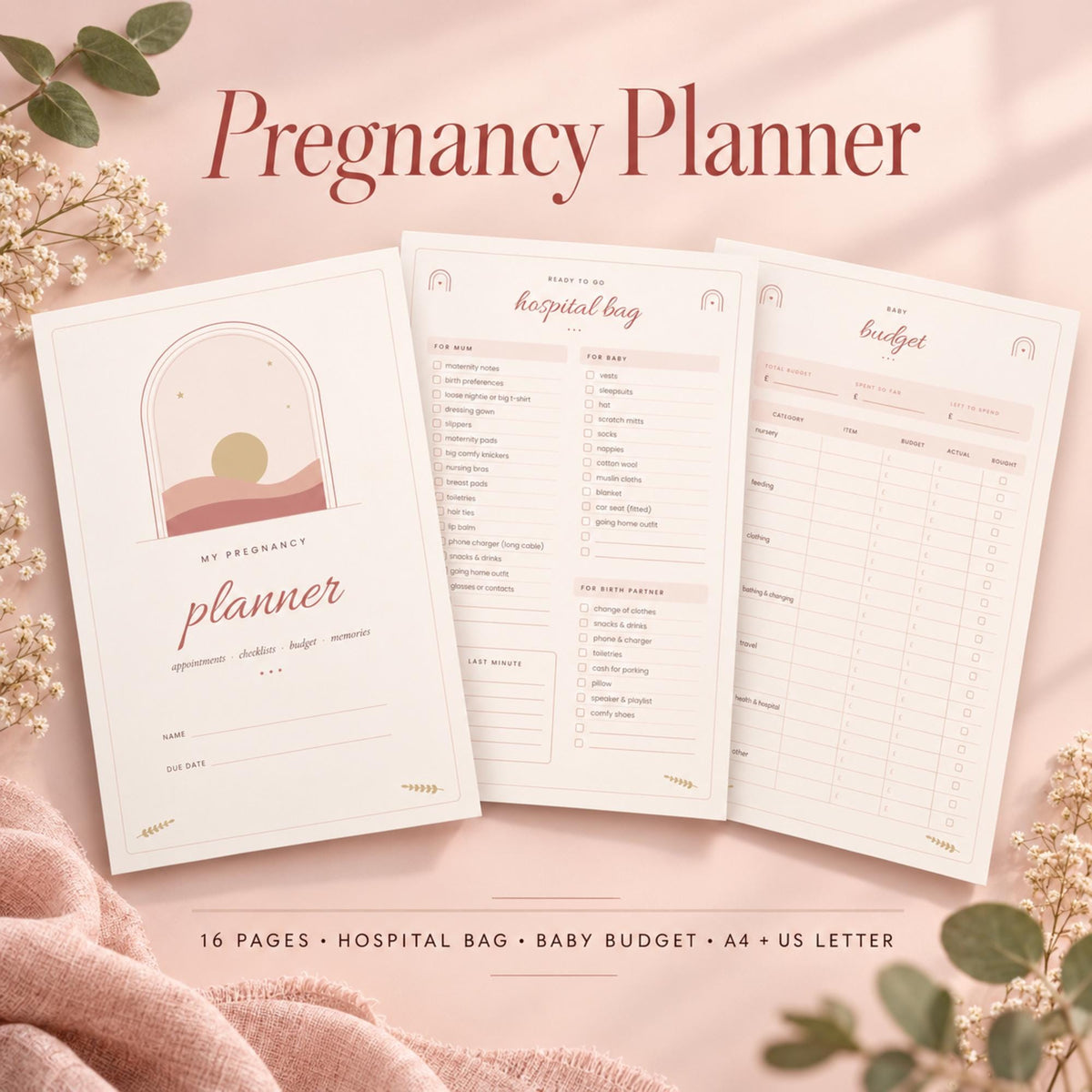 Pregnancy Planner Printable, Hospital Bag Checklist, Baby Budget, Birth Preferences, Baby Names, Blush Boho Pregnancy Journal PDF