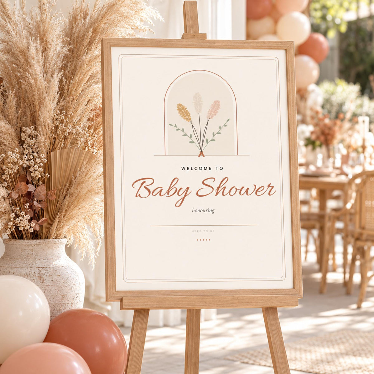 Boho Baby Shower Decorations Printable, Oh Baby Banner, Welcome Sign, Invitation, Tent Cards, Favour Tags, Terracotta Pampas Decor