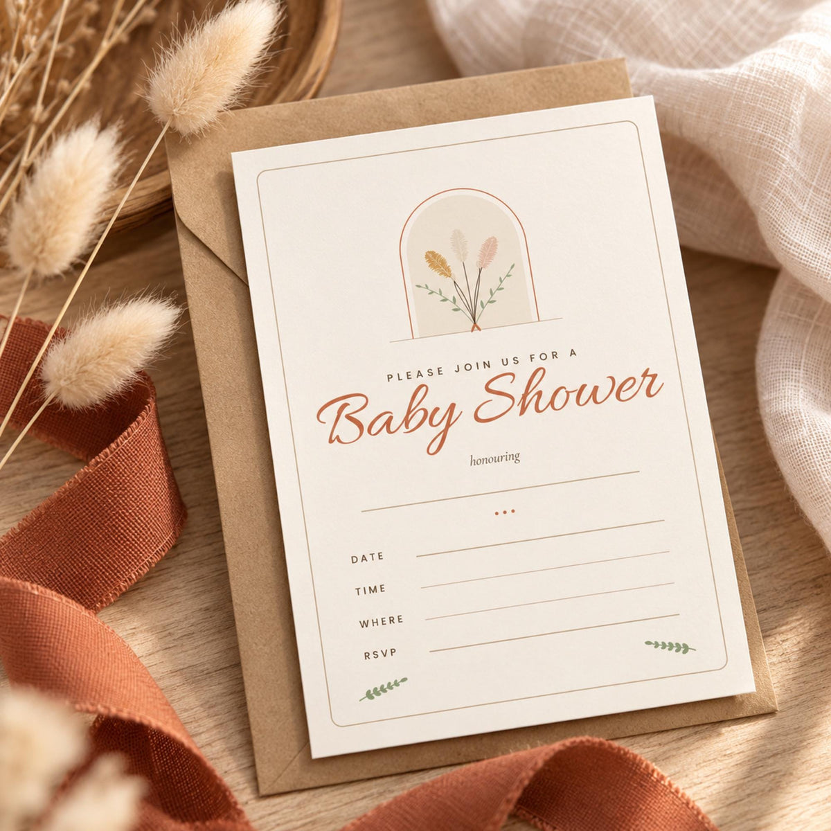 Boho Baby Shower Decorations Printable, Oh Baby Banner, Welcome Sign, Invitation, Tent Cards, Favour Tags, Terracotta Pampas Decor