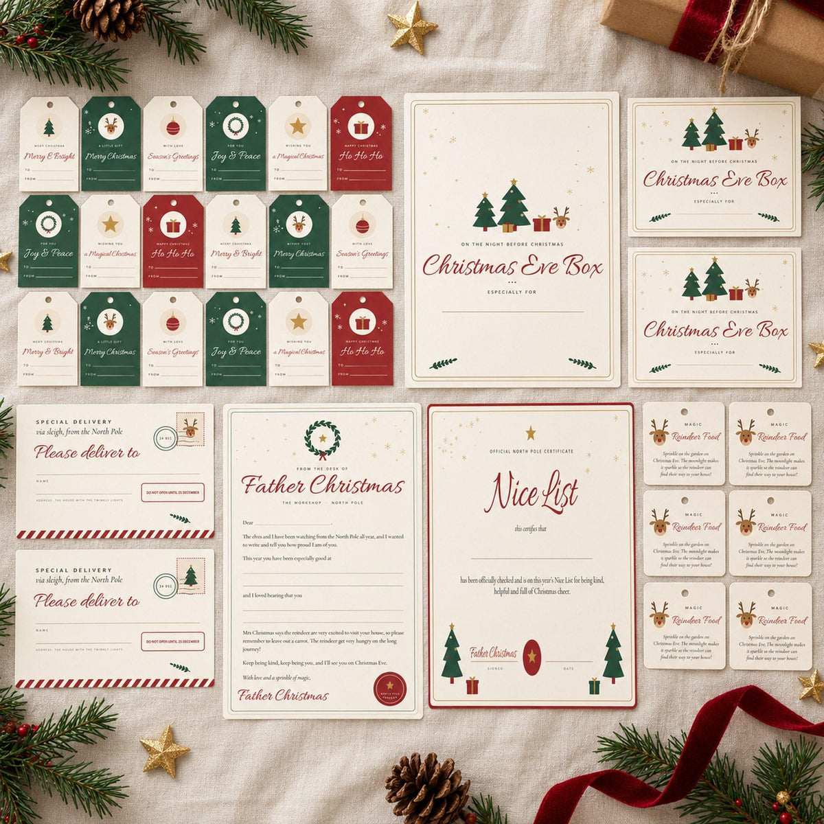 Christmas Gift Tags Printable, Christmas Eve Box Label, Letter from Father Christmas, Nice List Certificate, Reindeer Food, A4 Letter
