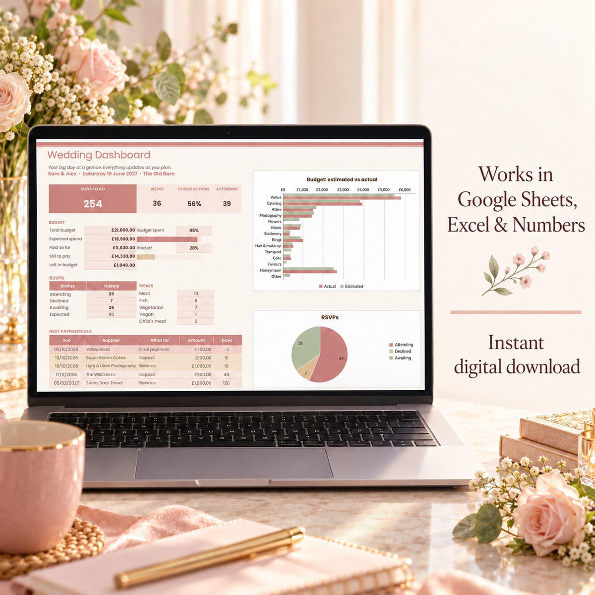Wedding Planner Spreadsheet and Budget Tracker, Guest List and RSVP Tracker, Wedding Checklist, Payment Schedule, Google Sheets & Excel
