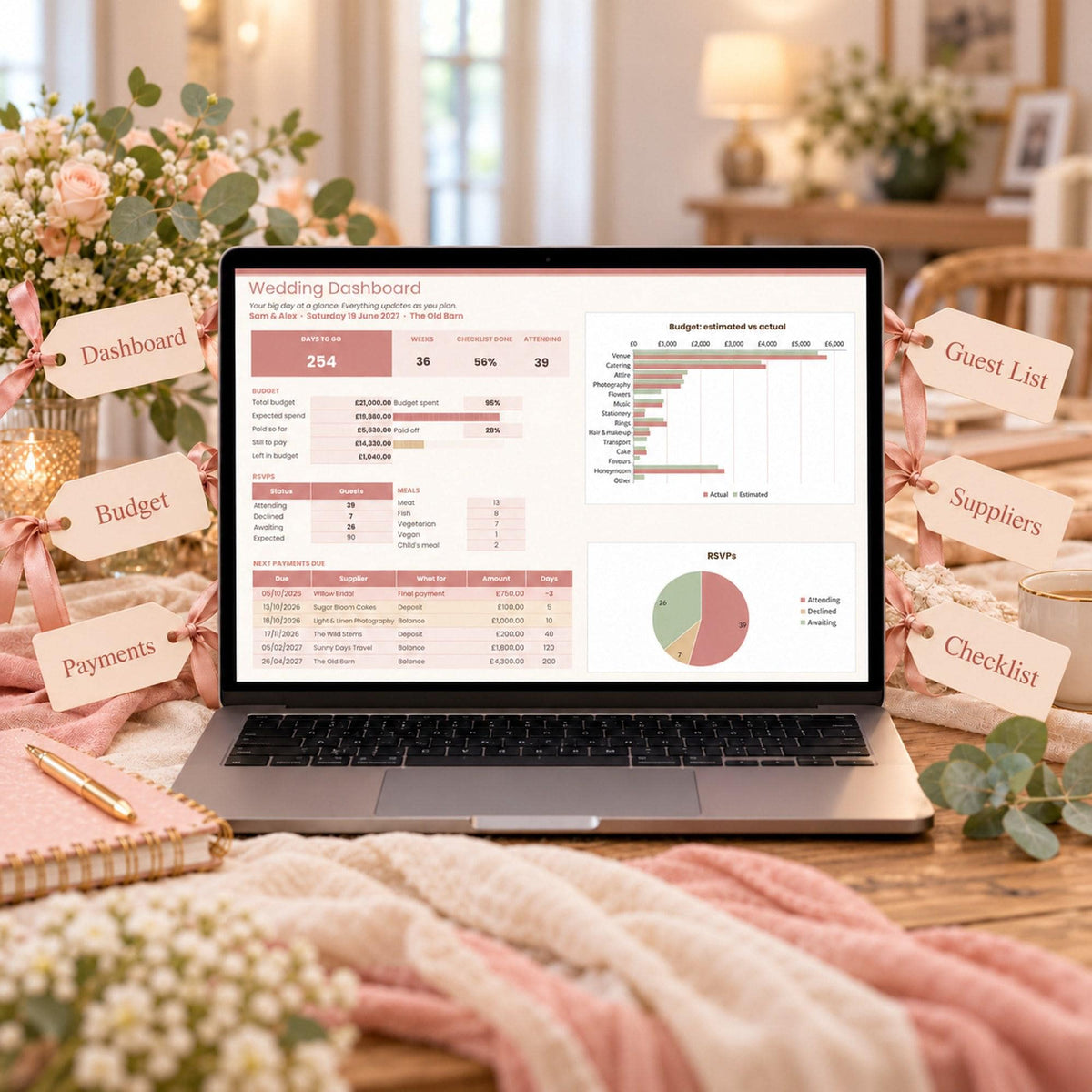 Wedding Planner Spreadsheet and Budget Tracker, Guest List and RSVP Tracker, Wedding Checklist, Payment Schedule, Google Sheets & Excel