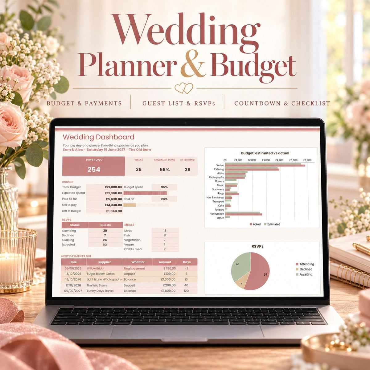 Wedding Planner Spreadsheet and Budget Tracker, Guest List and RSVP Tracker, Wedding Checklist, Payment Schedule, Google Sheets & Excel