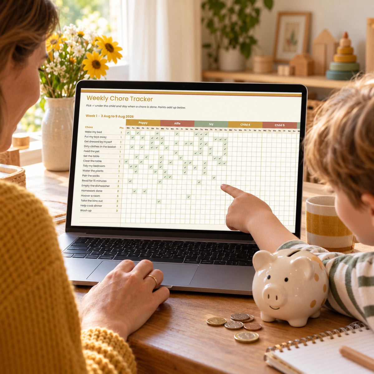 Family Chore and Pocket Money Tracker Spreadsheet, Kids Chore Chart with Points, Allowance Tracker for Google Sheets & Excel