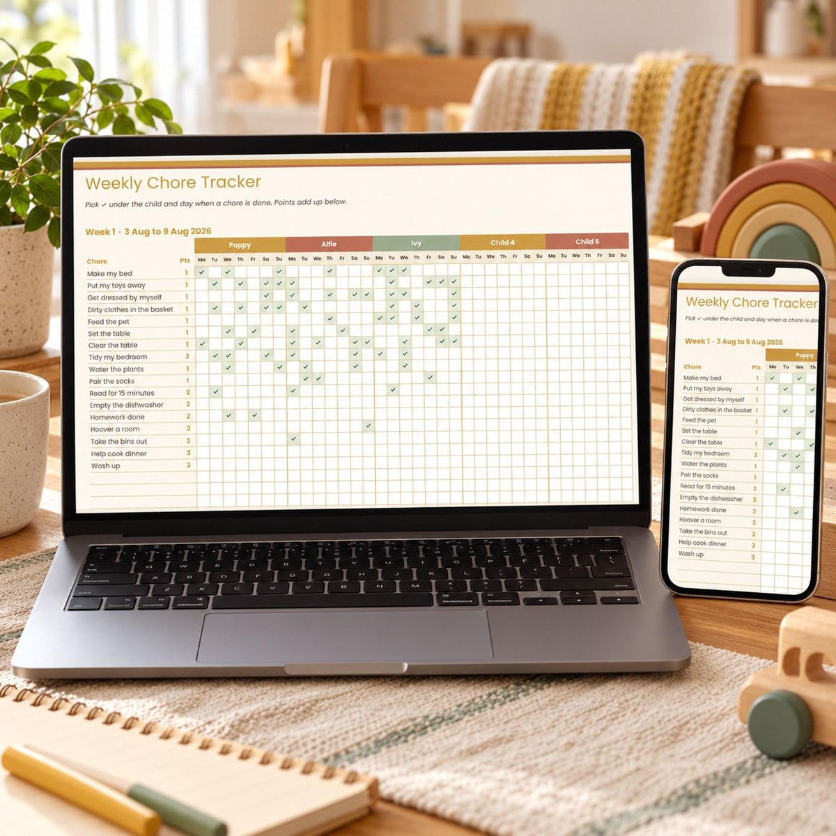 Family Chore and Pocket Money Tracker Spreadsheet, Kids Chore Chart with Points, Allowance Tracker for Google Sheets & Excel