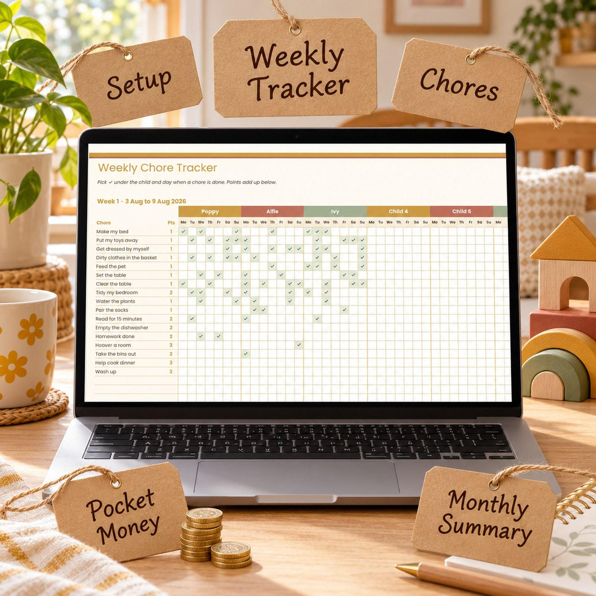 Family Chore and Pocket Money Tracker Spreadsheet, Kids Chore Chart with Points, Allowance Tracker for Google Sheets & Excel