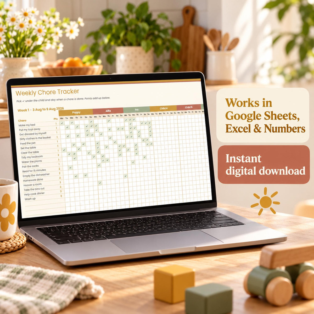 Family Chore and Pocket Money Tracker Spreadsheet, Kids Chore Chart with Points, Allowance Tracker for Google Sheets & Excel
