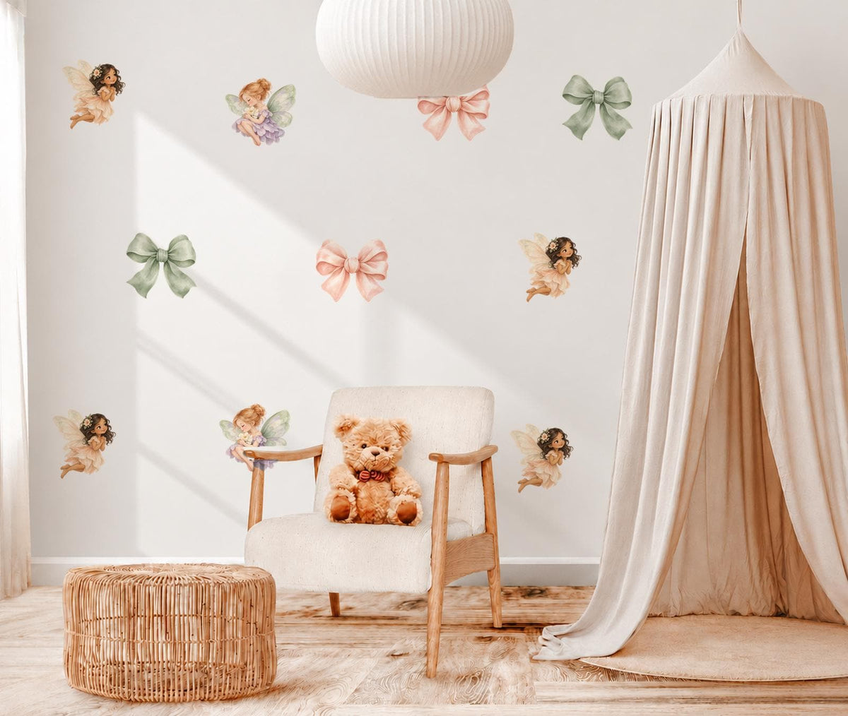 Fairy Wall Stickers, Fairy Bow Nursery Decor, Coquette Fairy Wall Decals, Girls Kids Room Bedroom Baby Girl Peel and Stick Wall Art