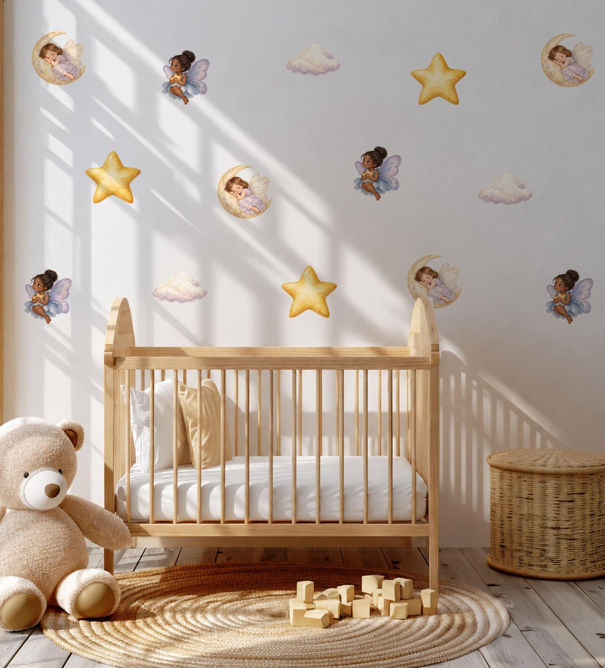 Fairy Wall Stickers, Fairy Moon Star Nursery Decor, Celestial Cloud Wall Decals, Girls Kids Room Baby Girl Peel and Stick Wall Art