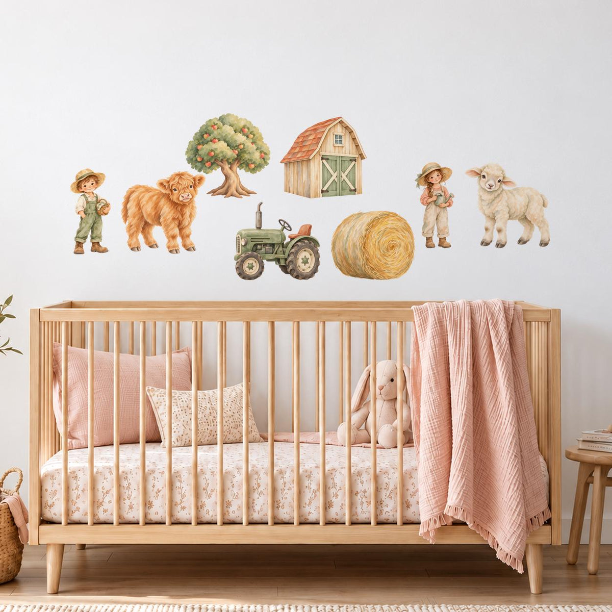 Farm Wall Stickers, Boho Farmyard Nursery Decor, Highland Cow Tractor Wall Decals, Kids Room Gender Neutral Baby Peel and Stick Art