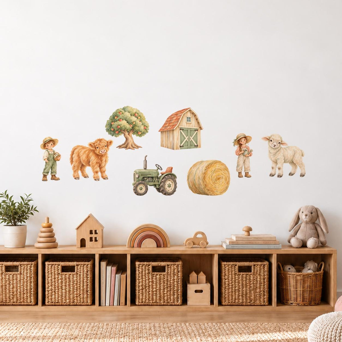 Farm Wall Stickers, Boho Farmyard Nursery Decor, Highland Cow Tractor Wall Decals, Kids Room Gender Neutral Baby Peel and Stick Art