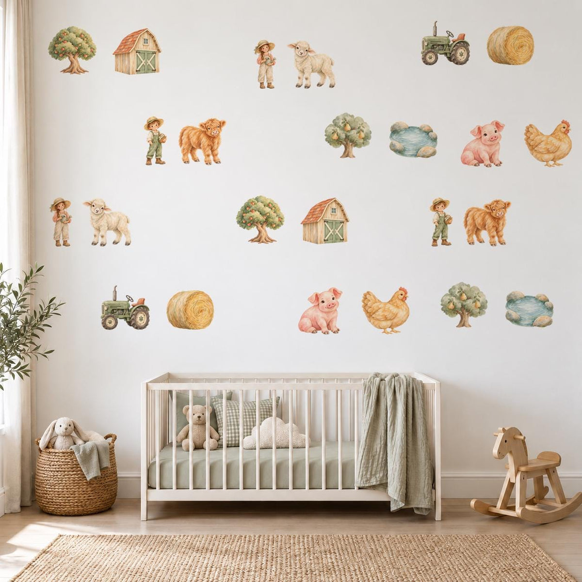 Farm Wall Stickers, Boho Farmyard Nursery Decor, Highland Cow Tractor Wall Decals, Kids Room Gender Neutral Baby Peel and Stick Art